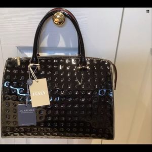 Arcadia black patent leather Python side satchel
